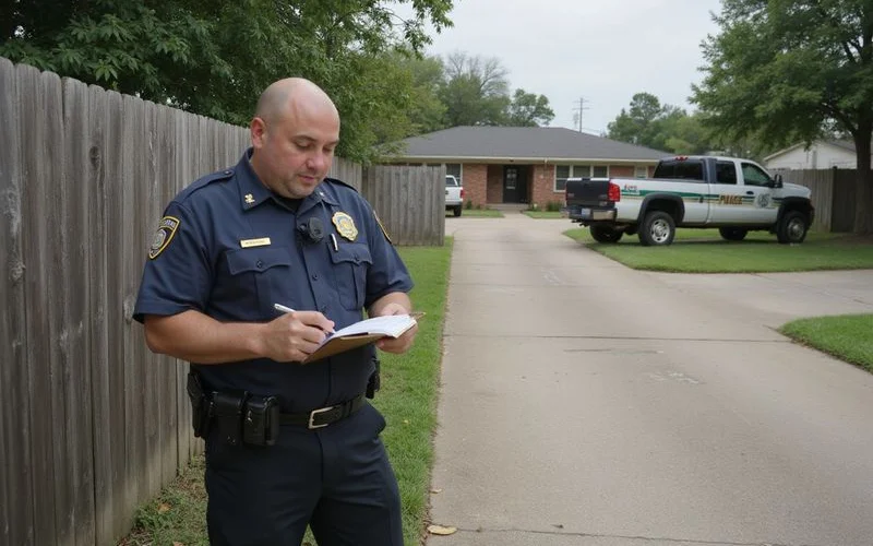 An animal control officer reviewing paperwork near a fenced yard, representing an investigation into a dangerous dog report