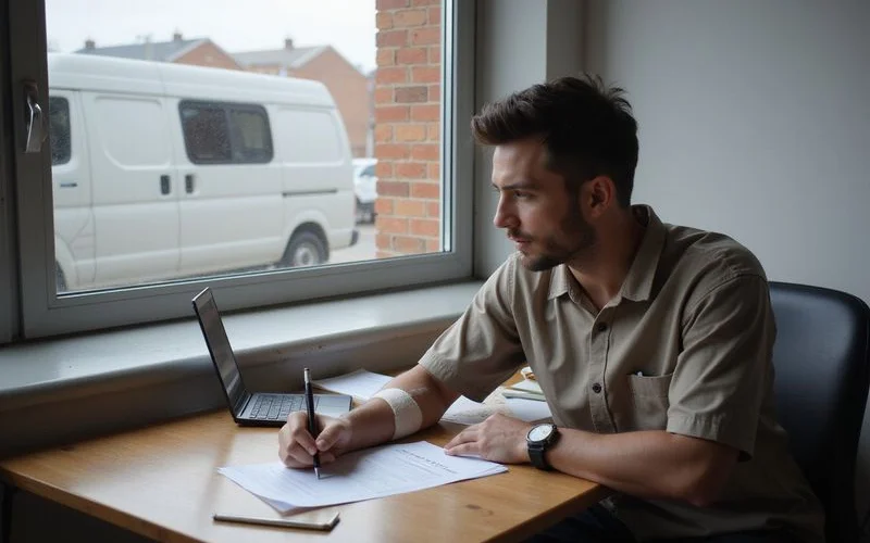 A mail carrier or delivery driver reviewing paperwork with a claims coordinator after a workplace dog bite injury