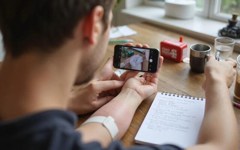 A person photographing an injury on their arm with a phone, documenting a dog bite shortly after it happened