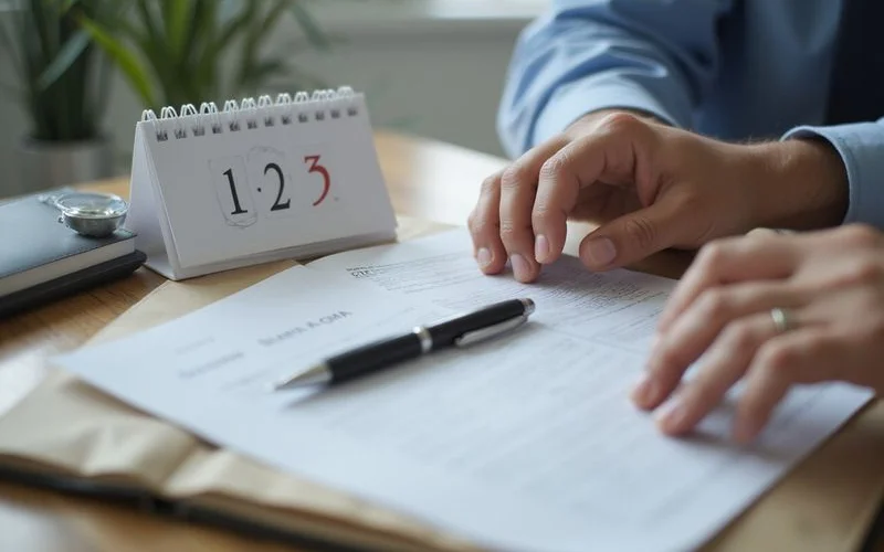 A calendar with a date circled and a clock beside legal documents, representing a filing deadline