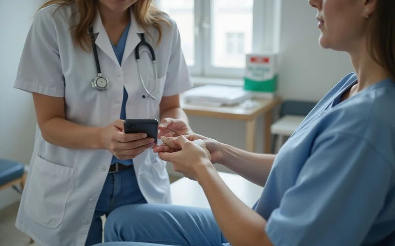A person examining a small healed scar on their forearm, weighing whether the injury is worth pursuing further
