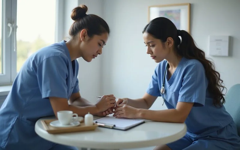 A doctor cleaning and examining a bandaged wound on a patient's hand at a clinic