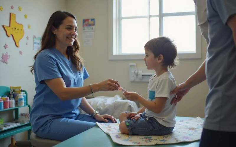 A parent comforting a child at a pediatrician's office after a minor injury, with a doctor nearby