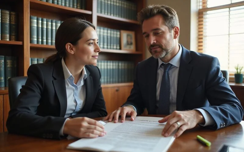 A person reviewing medical bills and a demand letter draft with a lawyer across a desk, discussing next steps in a claim