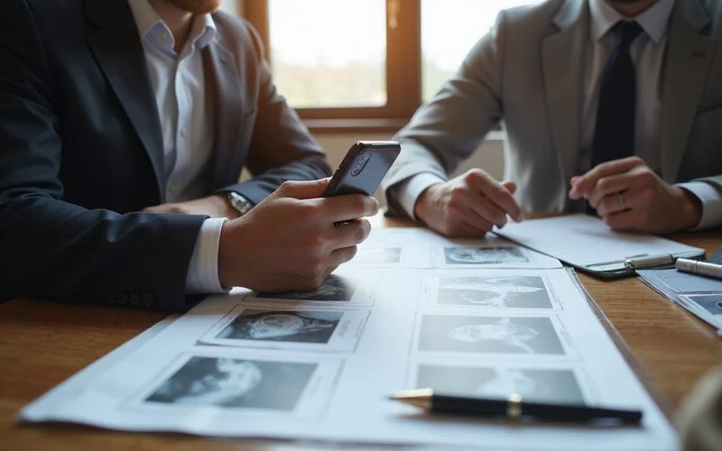 A homeowner and a plastic surgeon or attorney reviewing documents at a table, discussing an insurance claim after a dog bite injury