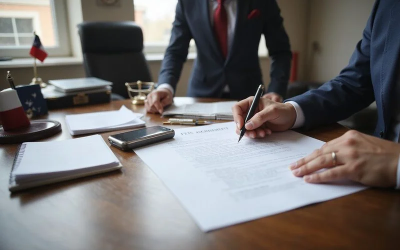 A client and attorney reviewing a fee agreement document together, with a calculator on the desk