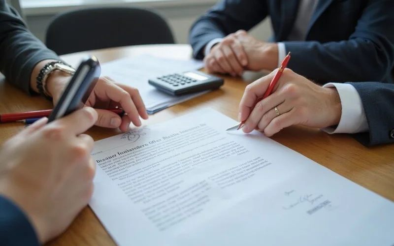 Two people at a desk reviewing a settlement offer and counteroffer letters side by side