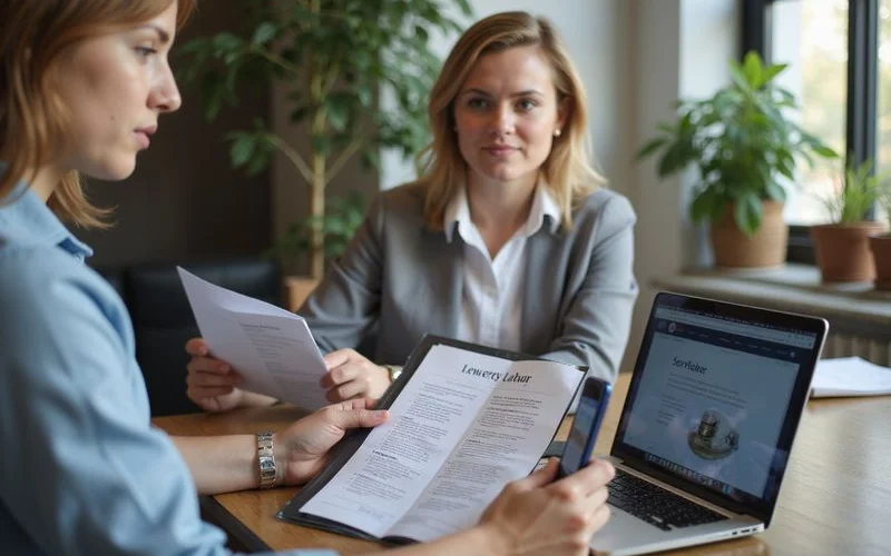 A person reviewing a legal aid brochure and a consultation appointment card at a kitchen table