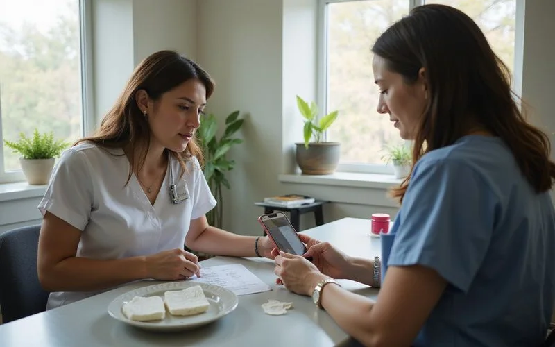 A dermatologist or plastic surgeon examining a healing scar on a patient's arm during a follow-up appointment