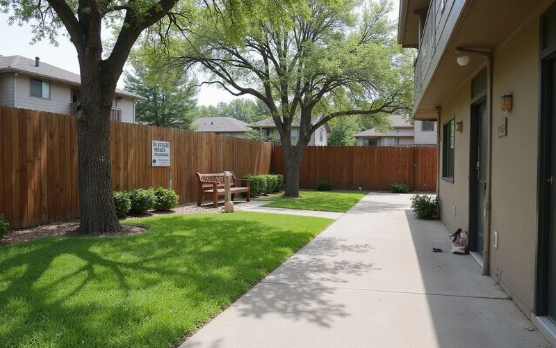 An apartment complex courtyard with a gate, illustrating a shared property area relevant to a landlord liability claim