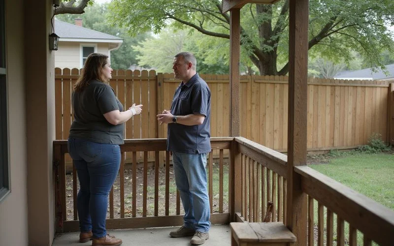 Two neighbors talking calmly over a fence, one holding paperwork, representing a conversation about a dog bite incident